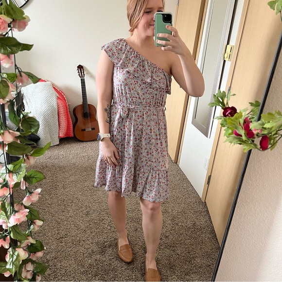 NWT Heatherly Women's One Shoulder Dress Blue Floral Tie Waist Ruffle, Sz Large - Picture 2 of 8